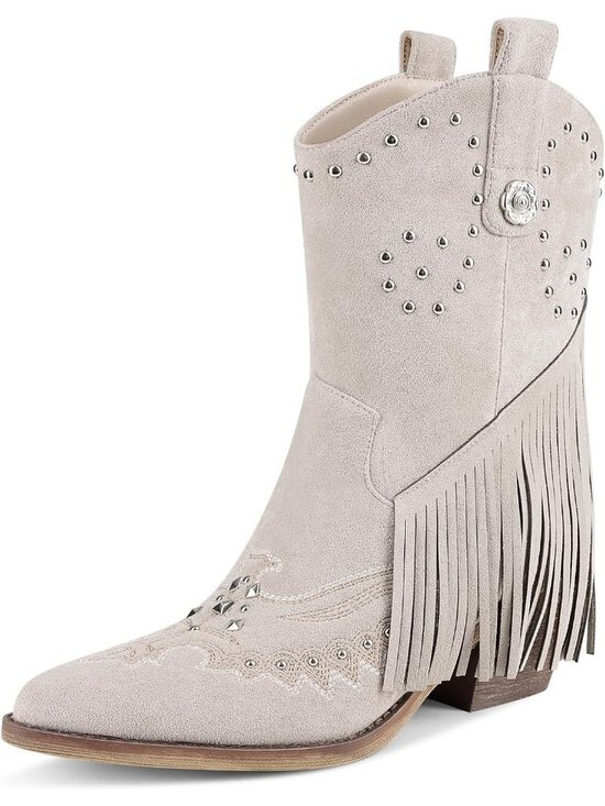 Shoes - Women's Grey Tassel Fringe Pointed Toe Western Chunky Heel Cowgirl Heeled Boots